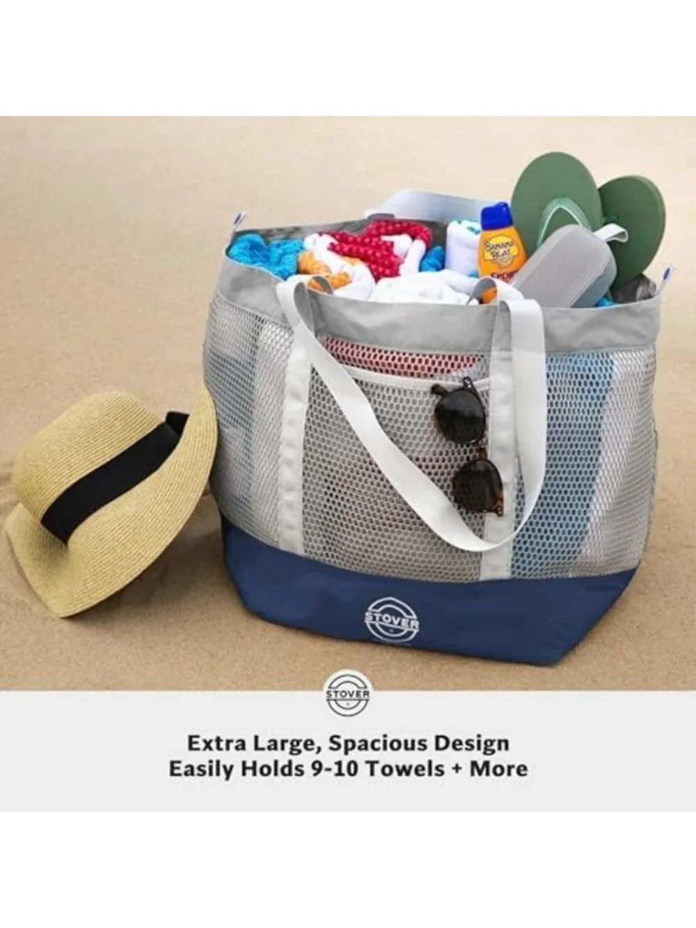 Large Mesh Beach Tote Bag - Foldable Travel, Pool, Shopping, Vacation Bag with